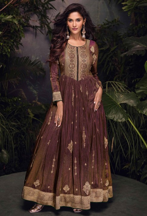 WOVEN ART SILK JACQUARD LONG KURTA IN DARK BROWN 